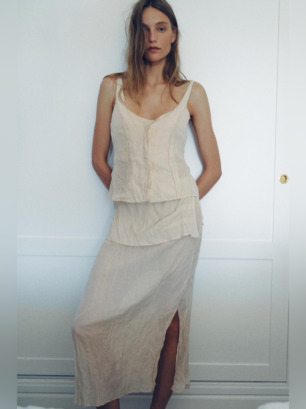 ZARA WRINKLED EFFECT BUTTON UP AND WRINKLED EFFECT MIDI SKIRT